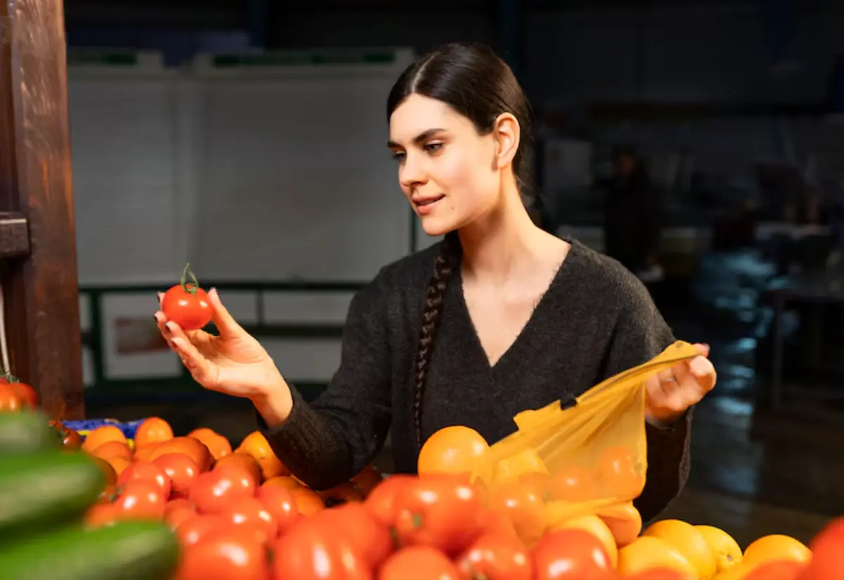 A person holds a ripe tomato while surrounded by an abundant display of various tomatoes and oranges at a market.