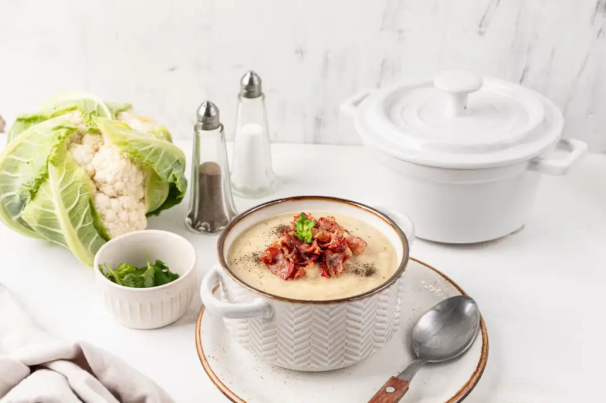 A creamy cauliflower soup topped with crispy bacon bits and parsley, accompanied by fresh cilantro, salt, and pepper shakers.
