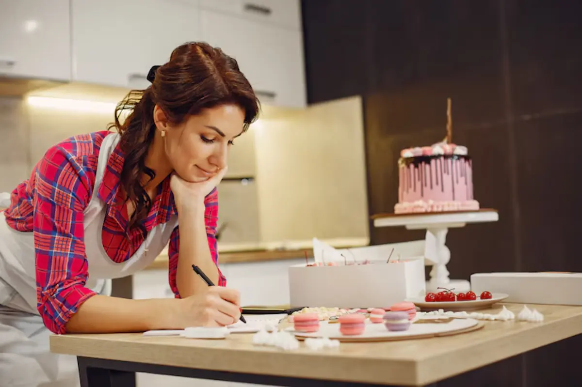 A baker in a checkered shirt and apron writes notes while surrounded by macarons, a pink cake, and other pastries on a kitchen table.