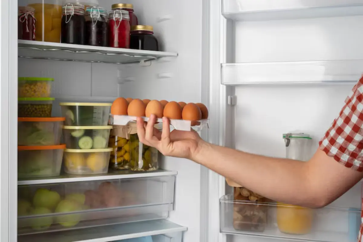 A person in a checked shirt holds a carton of eggs while organizing a refrigerator filled with jars and food containers.
