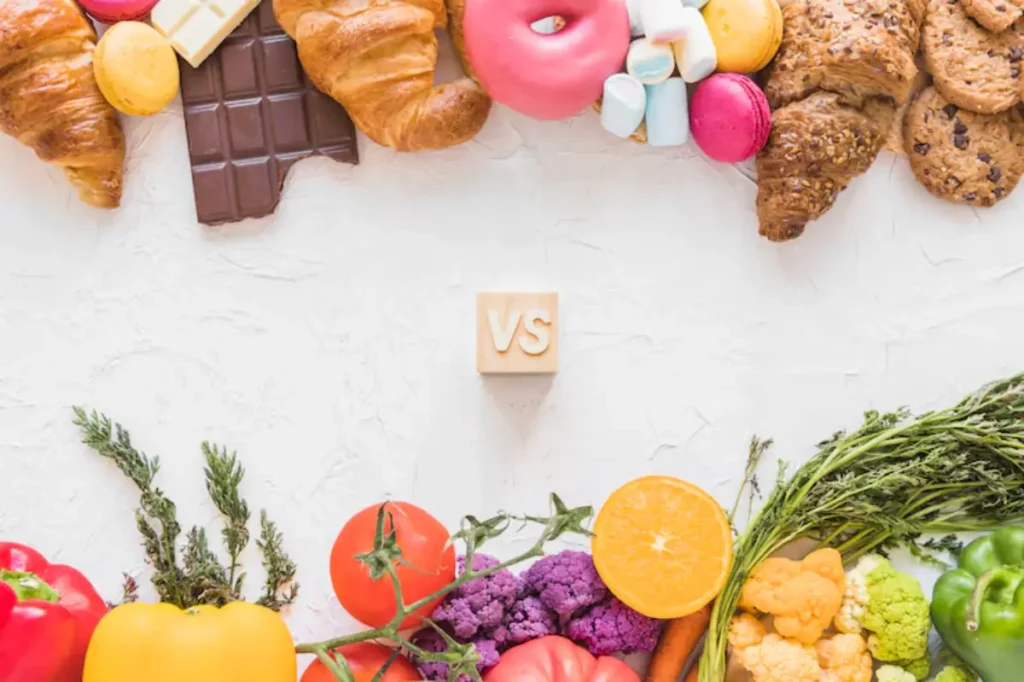 A colorful spread of sweets and pastries contrasts with vibrant fruits and vegetables, centered around a block reading VS.
