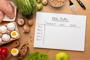 A meal planning layout on paper surrounded by fresh ingredients like chicken, eggs, vegetables, and chickpeas on a wooden surface.