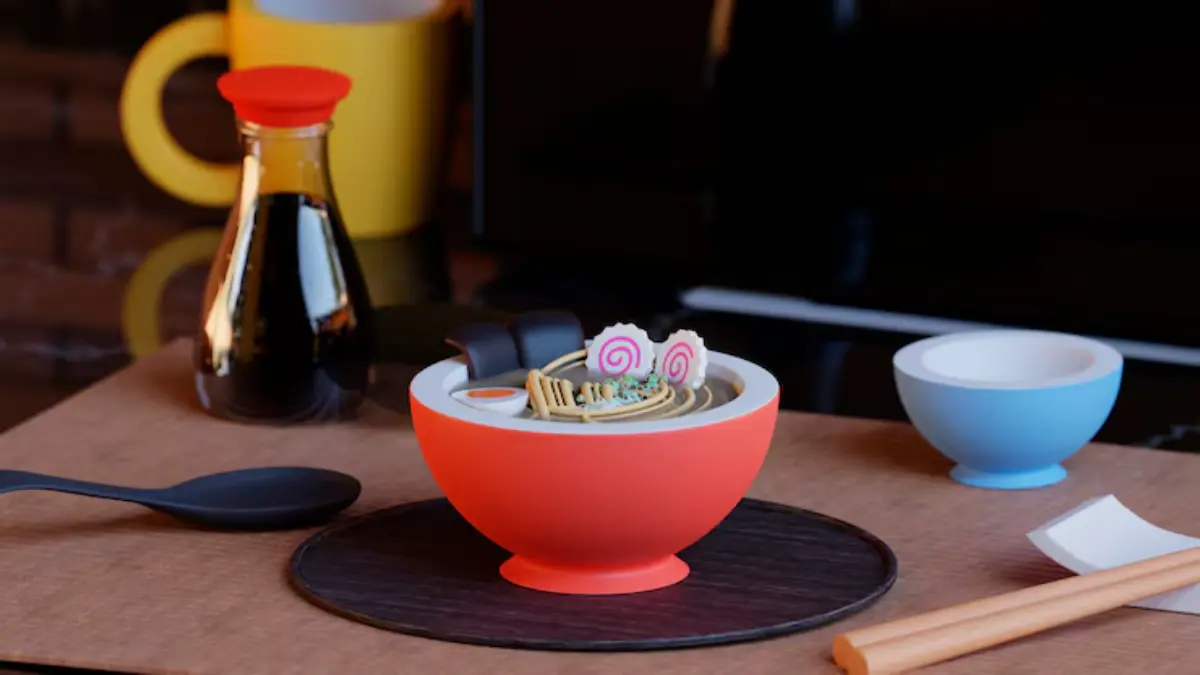 A vibrant bowl of ramen with noodles, toppings, and pink swirls, surrounded by a soy sauce bottle, chopsticks, and a small blue bowl.