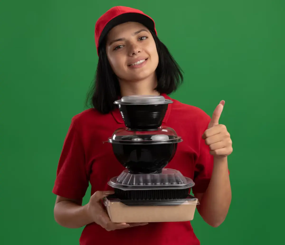 A person in a red shirt and cap holds a stack of takeout containers, giving a thumbs-up against a green background.