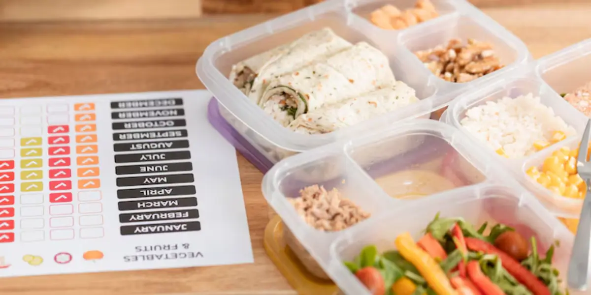 A bento box with rolled wraps, rice, corn, tuna, nuts, and fresh salad, alongside a colorful chart for tracking vegetables and fruits.