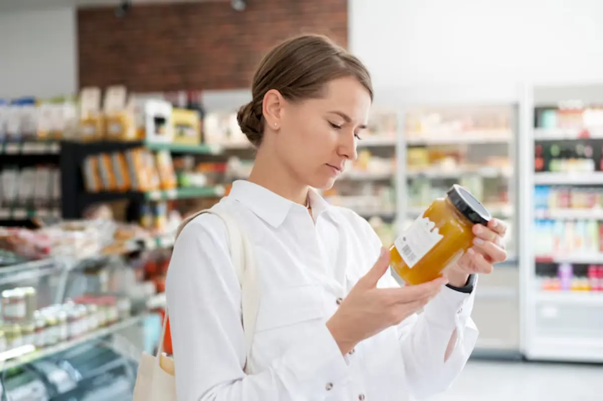 A woman in a white shirt examines a jar of honey while shopping in a grocery store filled with various products on shelves.
