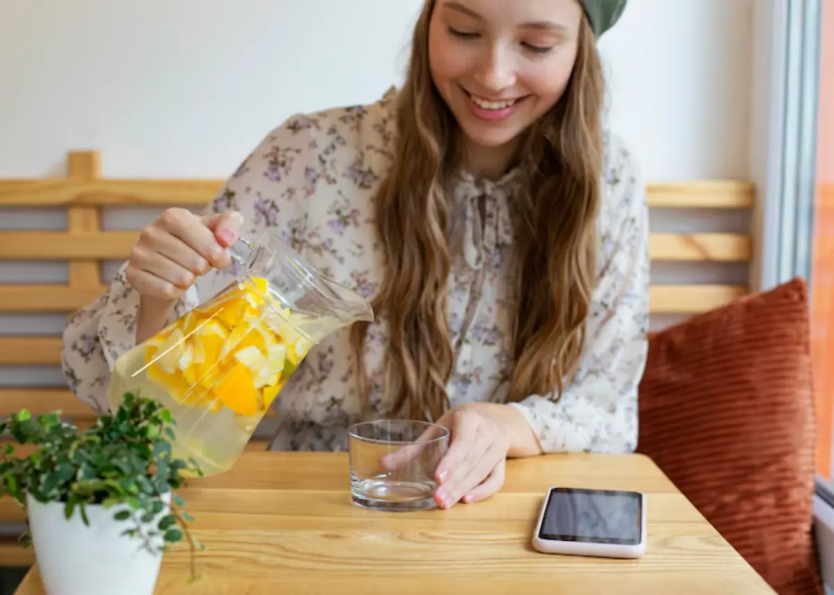 A person pours fruit-infused water from a glass pitcher into a clear glass on a wooden table, alongside a smartphone and a small plant.