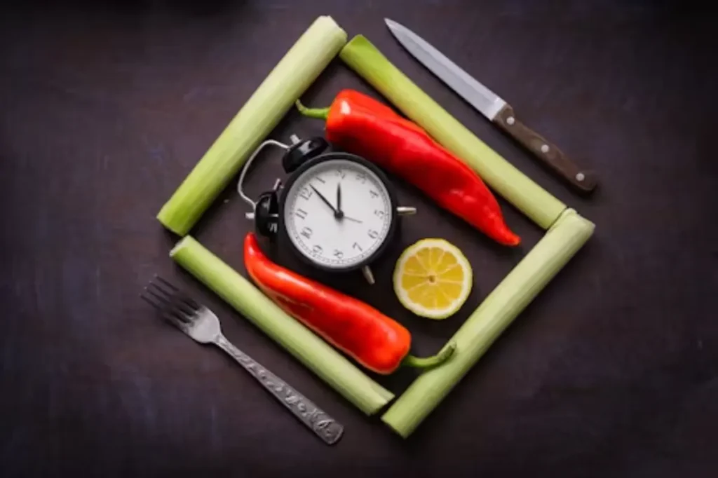 A clock, red chili peppers, a lemon slice, celery sticks, and a knife arranged artistically on a dark background.