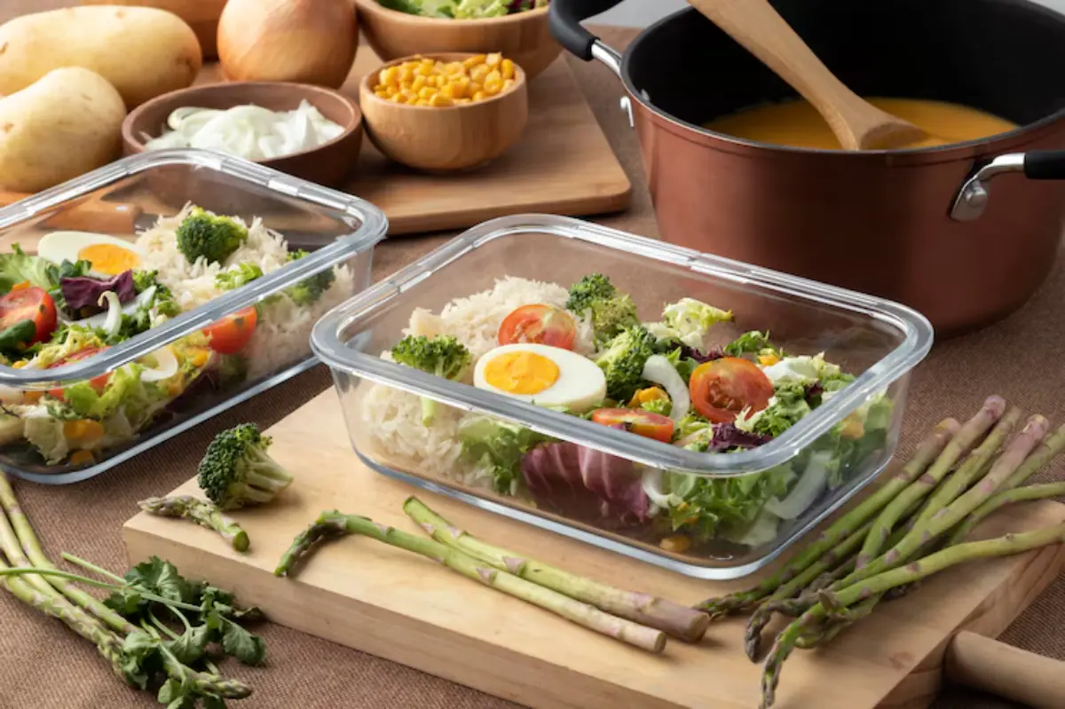 Two glass meal prep containers filled with colorful salads, surrounded by fresh vegetables and a pot of soup on a wooden board.