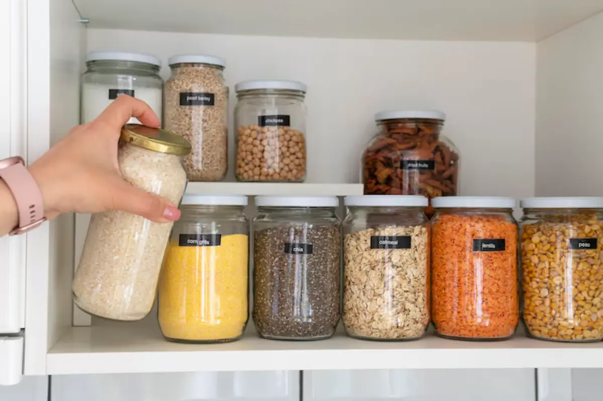 A hand reaches for a jar of rice among neatly labeled jars of grains and legumes in a pantry, showcasing organized storage.