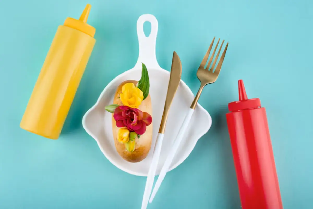 A gourmet hot dog garnished with colorful flowers sits on a white dish, surrounded by yellow and red condiment bottles and gold utensils.