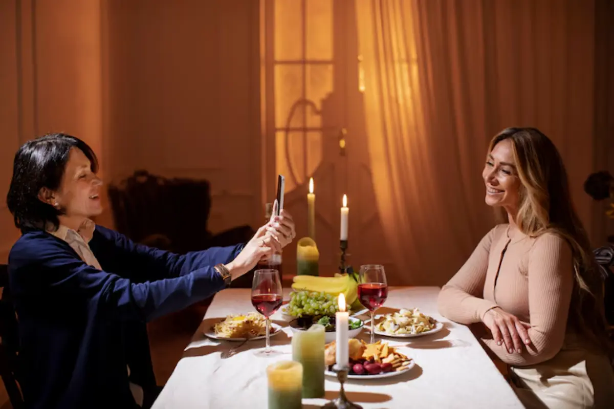 A candlelit dining table set with plates of food and glasses of wine, as one person takes a selfie.